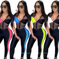 Ready to Ship Fall Autumn Womens V Neck Romper Zip up Long Sleeve Patchwork 2020 Mesh Jumpsuits for Women